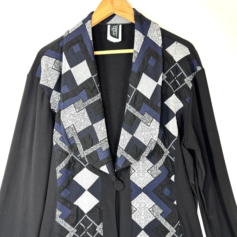 MIB Making it‎ Big Duster Jacket Womens 1X Black Blue Geometric Long Cardigan